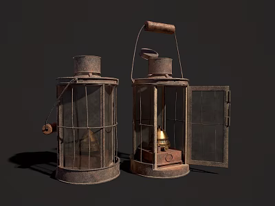 Vintage Kerosene Lanterns With Metal Frames Glass Covers And Open Door Design 3d model