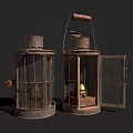 Vintage Kerosene Lanterns With Metal Frames Glass Covers And Open Door Design
