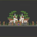 Ancient Castle Scene With Red Roofs White Buildings Towers And Green Trees