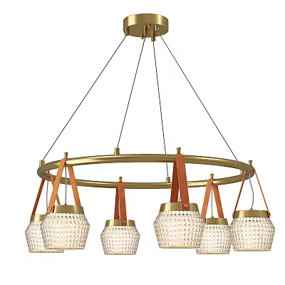 Modern Chandelier With Golden Circular Frame Brown Leather Straps And Crystal Shades 3d model