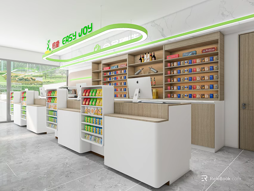 Modern Supermarket Department Store Interior With Shelves Full Of Various Products And Checkout Counter 3d model 
