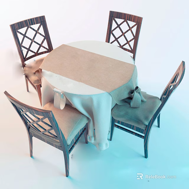 Round Dining Table Set With Light Colored Tablecloth And Wooden Lattice Back Chairs 3d model 