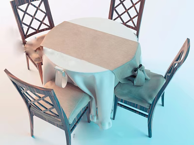 Round Dining Table Set With Light Colored Tablecloth And Wooden Lattice Back Chairs 3d model