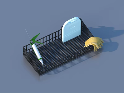 Household Kitchen Dish Rack With White Cutting Board Yellow Gloves And Cleaning Tool 3d model