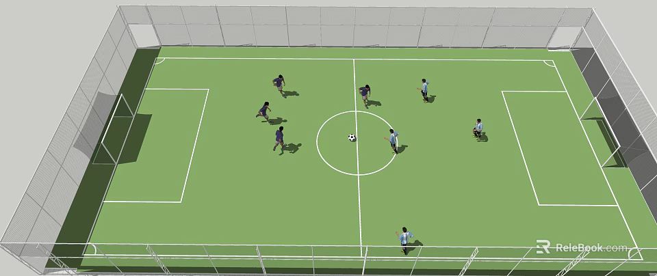 Green Grass Football Field With Soccer Players Playing Match And Goal Posts 3d model 