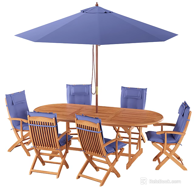 Round Wooden Outdoor Table with Blue Chairs and Blue Umbrella for Patio 3d model 
