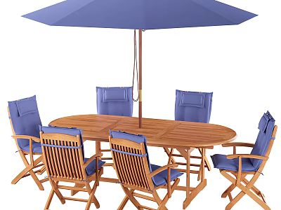 Round Wooden Outdoor Table with Blue Chairs and Blue Umbrella for Patio 3d model