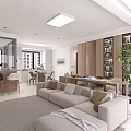 Modern Living and Dining Room Interior With Open Layout TV Wall Sofa and Books