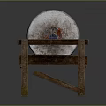 Traditional Stone Mill Equipment with Circular Grinding Disc on Wooden Stand and Metal Handle