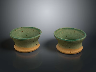 Set Of Two Handcrafted Green Ceramic Bowls With Yellow Base For Home Decor 3d model