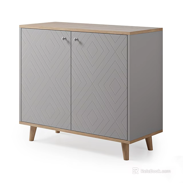 Modern Entryway Console Cabinet With Gray Geometric Pattern Doors And Wooden Top Legs 3d model 