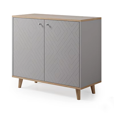 Modern Entryway Console Cabinet With Gray Geometric Pattern Doors And Wooden Top Legs 3d model