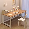 Cozy Study Space With Wooden Desk And White Chair Set Including Laptop Notebook And Lamp
