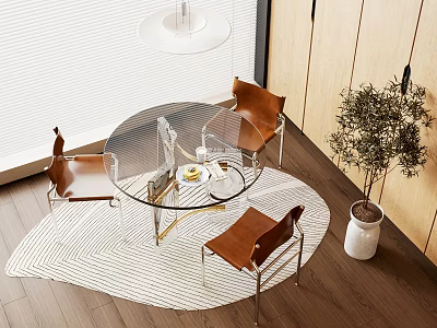 Modern Dining Room Round Glass Table With Brown Leather Chairs Woven Rug And Potted Plant 3d model