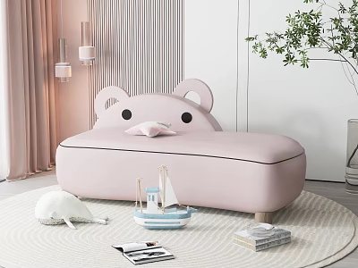 Cute Pink Bear Design Lazy Sofa in Kids Bedroom with Soft Toys and Books 3d model
