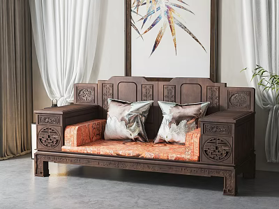 Traditional Carved Dark Wooden Two Seater Sofa With Orange Cushion Curtains And Feather Painting 3d model