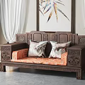 Traditional Carved Dark Wooden Two Seater Sofa With Orange Cushion Curtains And Feather Painting