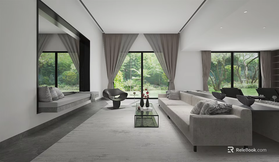 Modern Living Room Interior Design With Grey Sofa Glass Coffee Table And Large Windows 3d model 