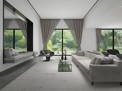 Modern Living Room Interior Design With Grey Sofa Glass Coffee Table And Large Windows 3d model