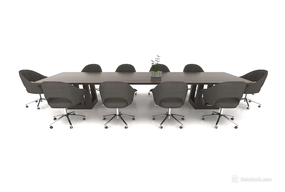 Long Rectangular Conference Table With Wheeled Chairs And Small Potted Plant 3d model 