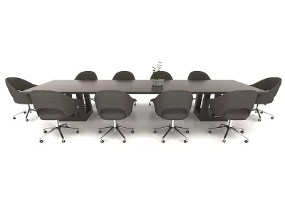 Long Rectangular Conference Table With Wheeled Chairs And Small Potted Plant 3d model