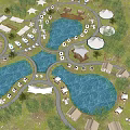 Garden Landscape With Blue Ponds White Tents Cabins And Greenery Paths