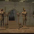 Ancient Temple Entrance With Stone Statues Holding Spears Arched Doorway And Lit Torches