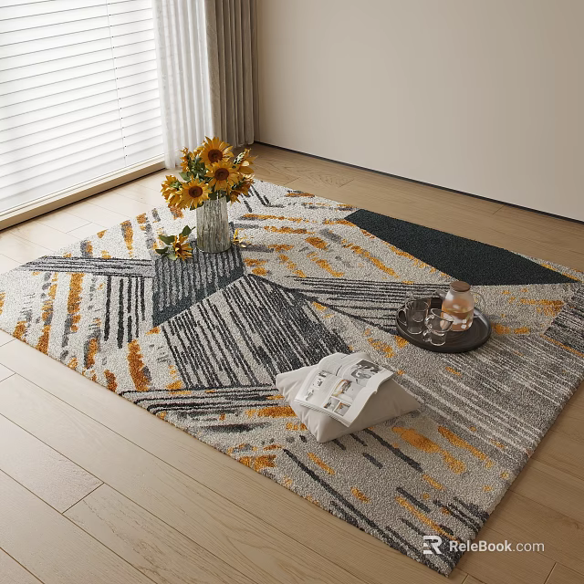 Modern Square Rug With Geometric Pattern Yellow Grey Black Design Sunflower Vase On Wooden Floor 3d model 