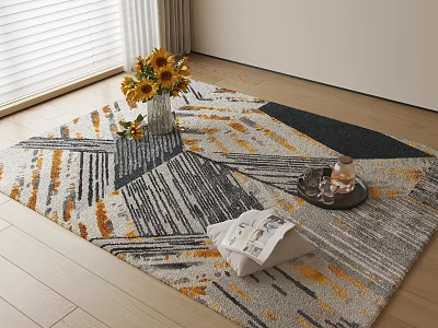 Modern Square Rug With Geometric Pattern Yellow Grey Black Design Sunflower Vase On Wooden Floor 3d model