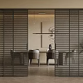 Modern Louvered Sliding Doors For Stylish Dining Space With Table Chairs And Hanging Light