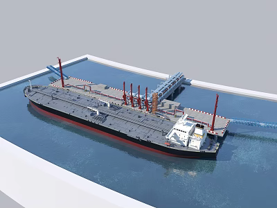 Industrial Plant Dock Facilities With Cargo Ship And Loading Equipment On Water 3d model