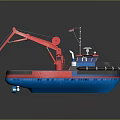 Colorful Model Boat With Red Crane Blue Hull Wooden Deck Small Flag And Cabin