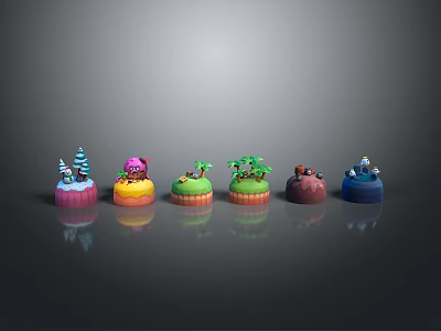 Modern Scene With Colorful Small Themed Models Arranged In A Row On Smooth Surface 3d model