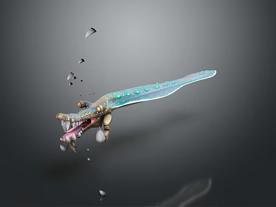 Mythical Aquatic Creature With Shiny Blue Green Scales Open Mouth And Floating Debris 3d model
