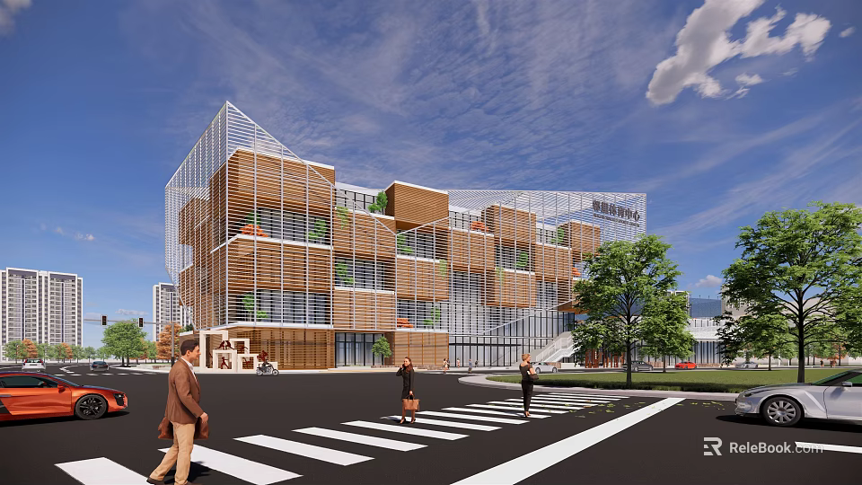 Modern Architectural Building With Glass Curtain Wall Wooden Structure And Urban Street Pedestrians Trees 3d model 