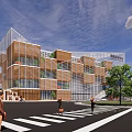 Modern Architectural Building With Glass Curtain Wall Wooden Structure And Urban Street Pedestrians Trees