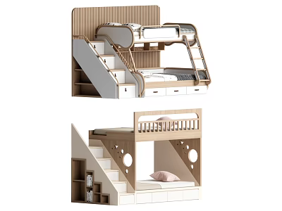 Wooden Bunk Bed With Stairs Storage Safety Rail And Modern Design Features 3d model