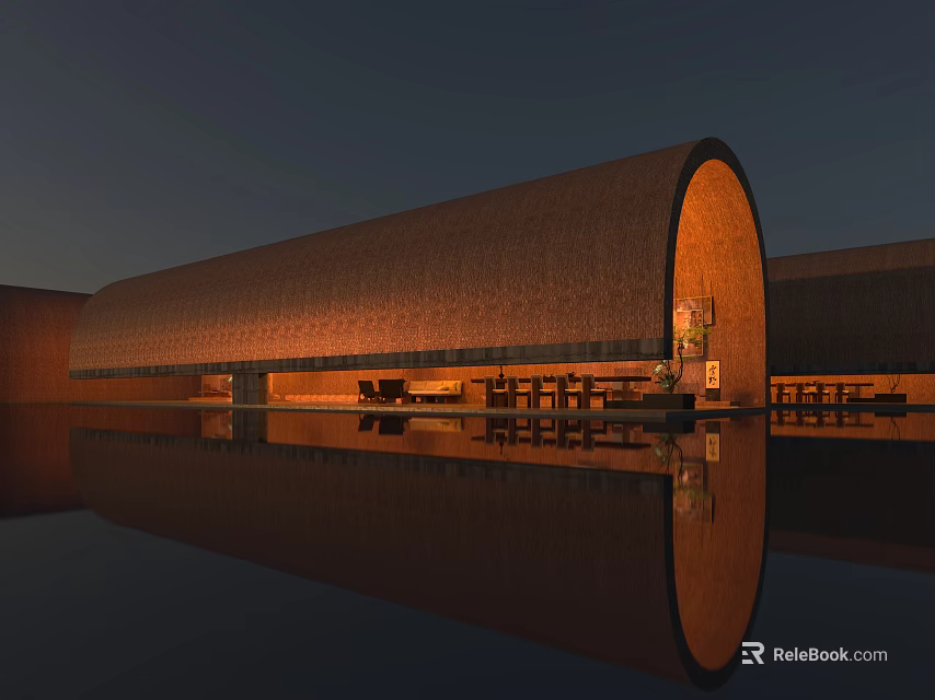Minimalist Curved Architectural Garden Landscape With Warm Ambient Light And Perfect Water Reflection At Dusk 3d model 