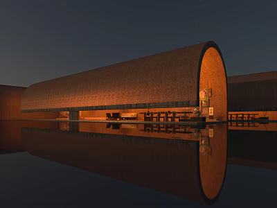 Minimalist Curved Architectural Garden Landscape With Warm Ambient Light And Perfect Water Reflection At Dusk 3d model