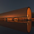 Minimalist Curved Architectural Garden Landscape With Warm Ambient Light And Perfect Water Reflection At Dusk