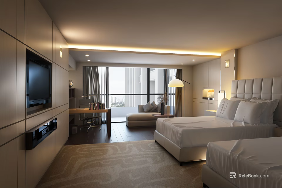 Modern Hotel Room With Twin Beds Large Windows Flat Screen TV And Seating Area 3d model 