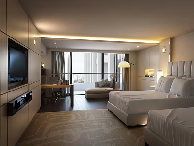 Modern Hotel Room With Twin Beds Large Windows Flat Screen TV And Seating Area 3d model