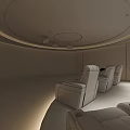 Modern Luxurious Home Theater Room With Large Curved Screen Black Leather Recliners And Ceiling Lighting