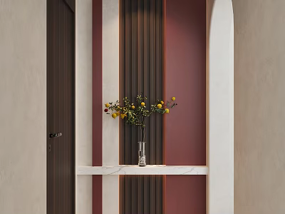 Elegant Modern Entryway Hallway with Pink Wall Wooden Strips White Console Table and Yellow Flower Vase 3d model