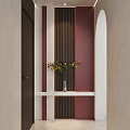Elegant Modern Entryway Hallway with Pink Wall Wooden Strips White Console Table and Yellow Flower Vase