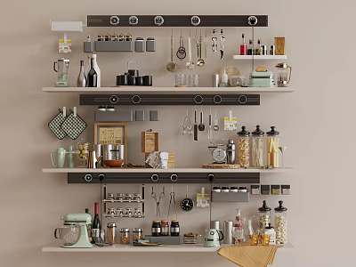 Organized Kitchenware Display On Open Shelves With Pots Pans Jars And Utensils 3d model