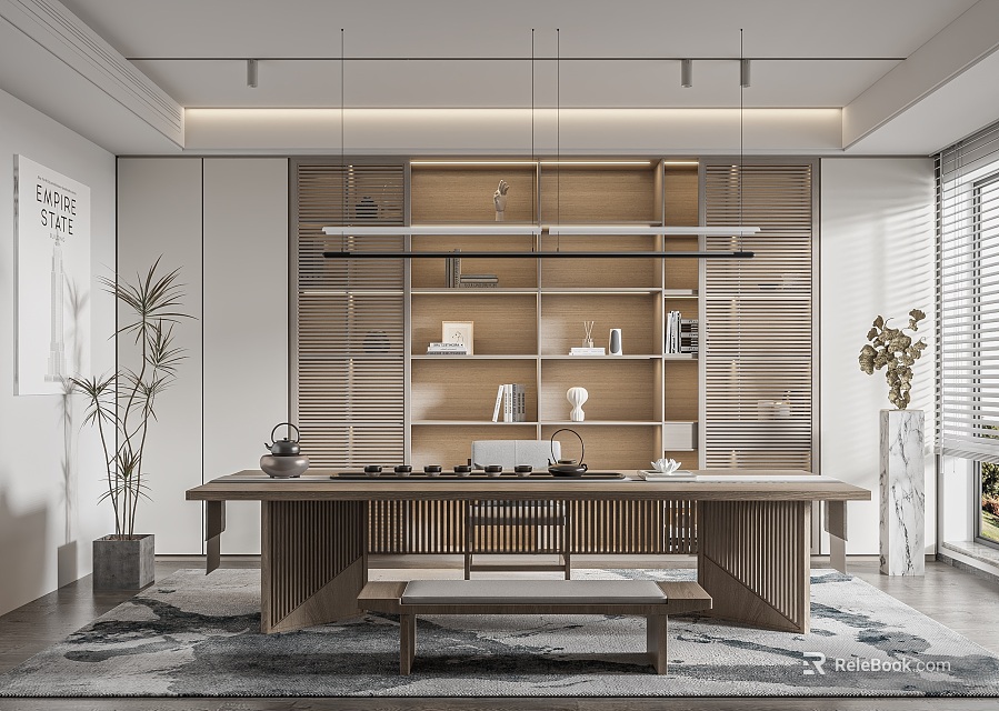 Modern Minimalist Study Room With Long Wooden Desk Bookshelves Plants Hanging Lights And Decor Items 3d model 