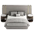 Elegant Double Bed Design With Grey Upholstery Gold Accents And Wooden Nightstands