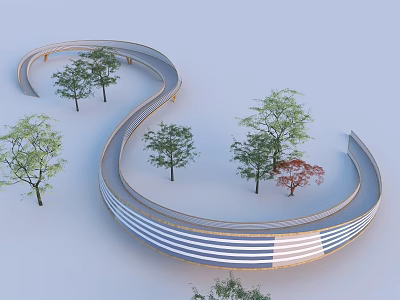 Curved Modern Bridge With Striped Design And Surrounding Green Trees 3d model