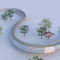 Curved Modern Bridge With Striped Design And Surrounding Green Trees